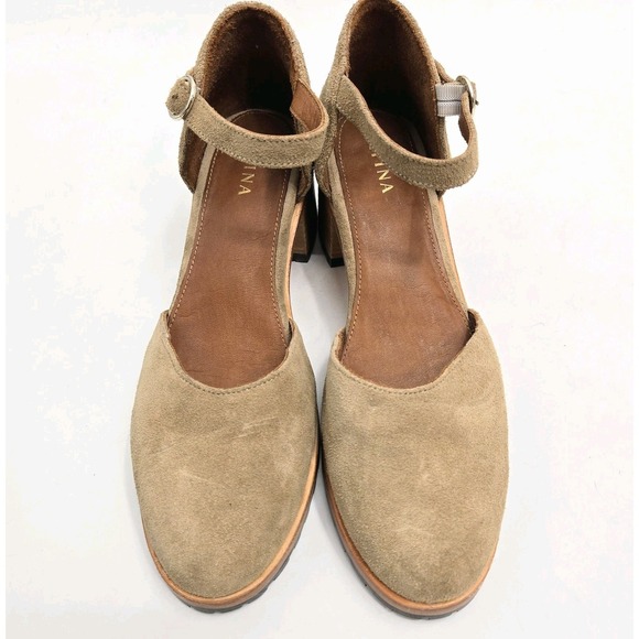 Patina By Portland Mary Jane Shoes Tan Suede Leather Suede Block Heeled - Picture 3 of 12